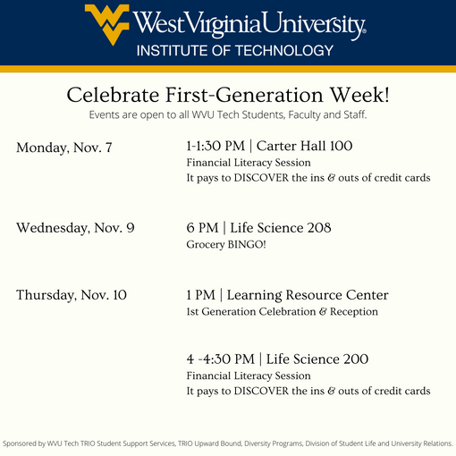 WVU Tech's 2022 First-Generation Week Schedule of Events Flyer